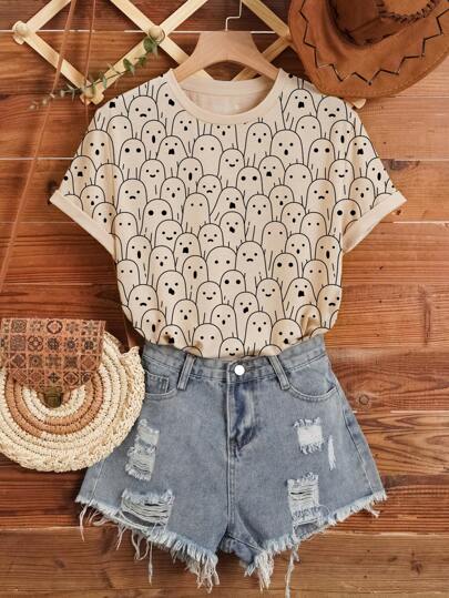 INAWLY Allover Print Tee Graphic Tees Women Tops thumbnail