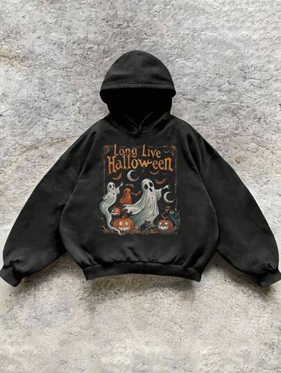 INAWLY Autumn/Winter Loose Drop Shoulder Long Sleeve Women's Slogan & Ghost Print Hoodie Sweatshirt Pullover Fall Outfit thumbnail