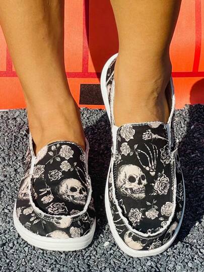 Women's Halloween New Flat Casual Sneakers, Slip-On Slouchy Women's Shoes With Skull & Rose Pattern, Holiday Style Lightweight & Comfortable Canvas Shoes thumbnail