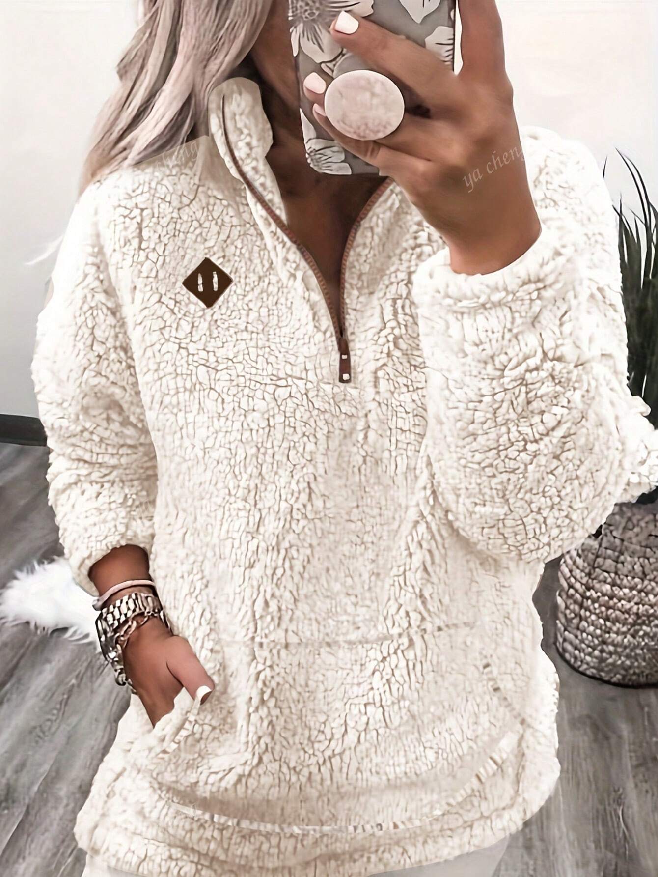 Women Fashion Fluffy Zipper Hoodie, Long Sleeve thumbnail