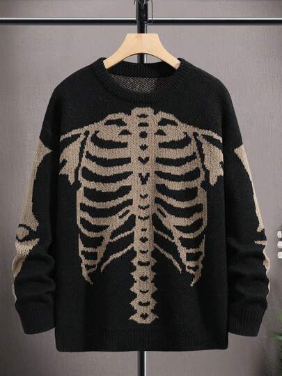 Manfinity Roghcode Men's Casual Color Block Skull Pattern Sweater, Autumn/Winter Halloween Halloween Halloween Sweater, Goth Sweater, Halloween Sweater, Skeleton Shirt, Rib Cage Sweater thumbnail