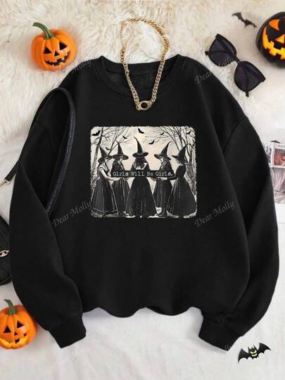 2025 Women's Casual Witch Pattern Round Neck Black Sweatshirt Women's New Street Rock Girl Casual Loose Long Sleeve Top For Witch Halloween Party Daily Outing Wear thumbnail