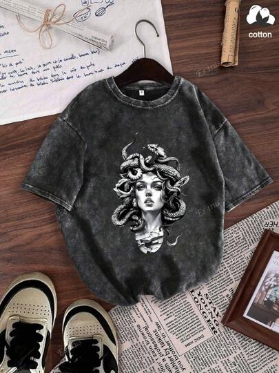 Es Trus Cotton, Summer Women's Fun Print Hip-Hop "Medusa" Personalized Pattern Print Street, Korean Style Comfortable Retro Basic Fashion Commuter Versatile Y2k Clothing Women's Clothing, Suitable For Outdoor Leisure, Regular Niche Punk Style Black Well-Fitting Round Neck Short-Sleeved Washed T-Shirt thumbnail