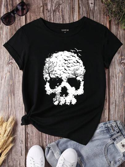INAWLY Skull Hollow Out Pattern Printed Short Sleeve T-Shirt Graphic Tees Women Tops thumbnail