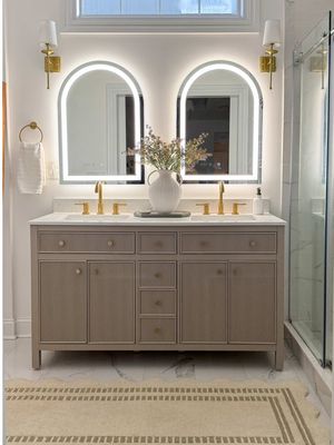 Obsessed with how gorgeous this 60 inch bathroom vanity is from @Lowe’s 🤎.  This beauty is finally back in stock and und