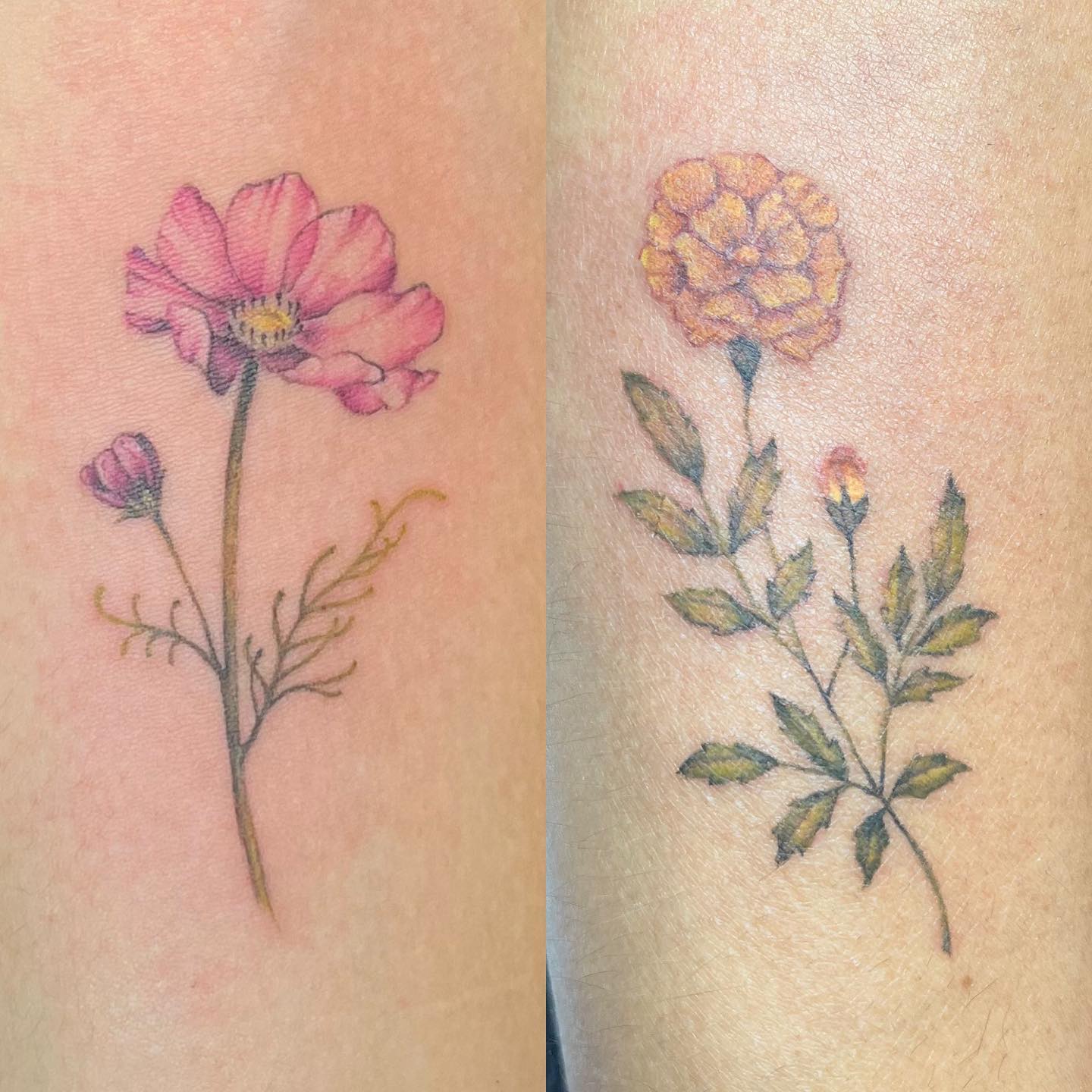 Cute mother-daughter flower tattoos. They’re tiny but detailed!!