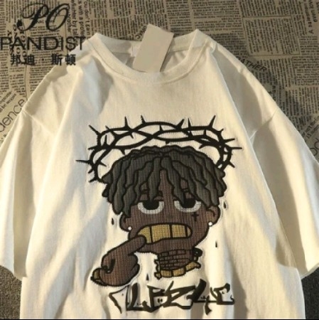 Camiseta Americana Retro Cartoon Puro Algodão Puro Meio Manga Homens Soltos em Estilo Hip-Hop de Rua thumbnail