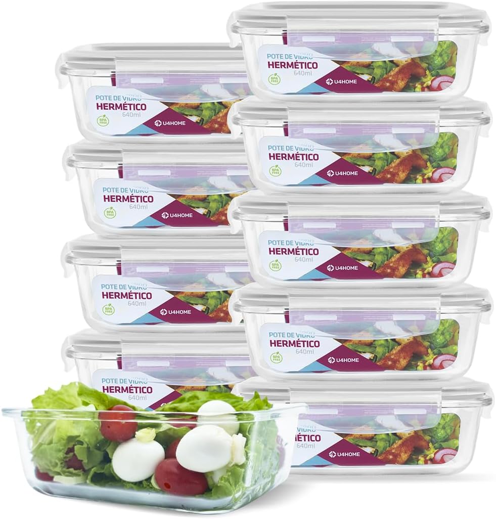 Amazon.com.br KIT 10 Potes de Vidro Retangular com Tampa Hermética 640ml Cor:Branco (QH) thumbnail
