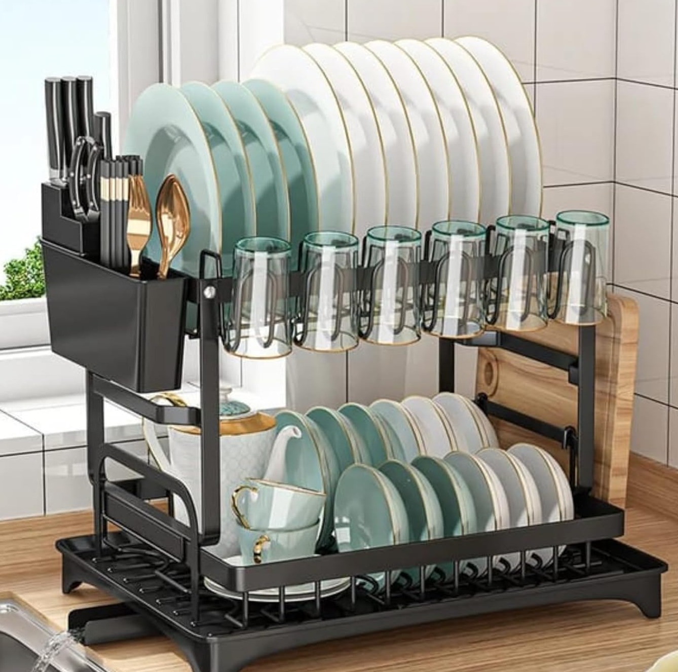 Escorredor de Louça Pratos Cozinha Dois Andares Bandeja Removível Com Escova Para Limpeza (PRETO) | Amazon.com.br thumbnail