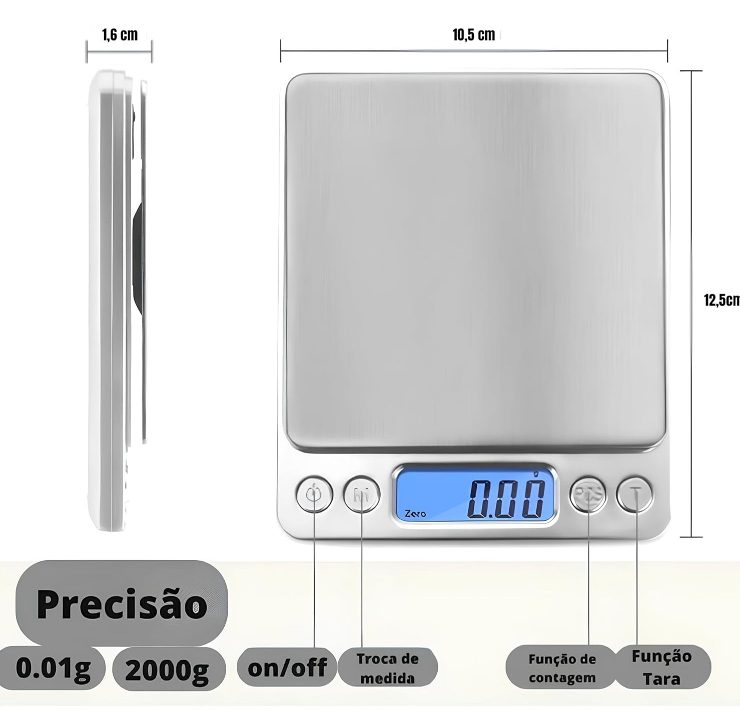 Balança Digital de Precisão Cozinha 0.1g a 2 Kg Premium Com Pilhas, Limpeza Fácil, Design Compacto E Leve, Alimentos, Remédios, Jóias. thumbnail