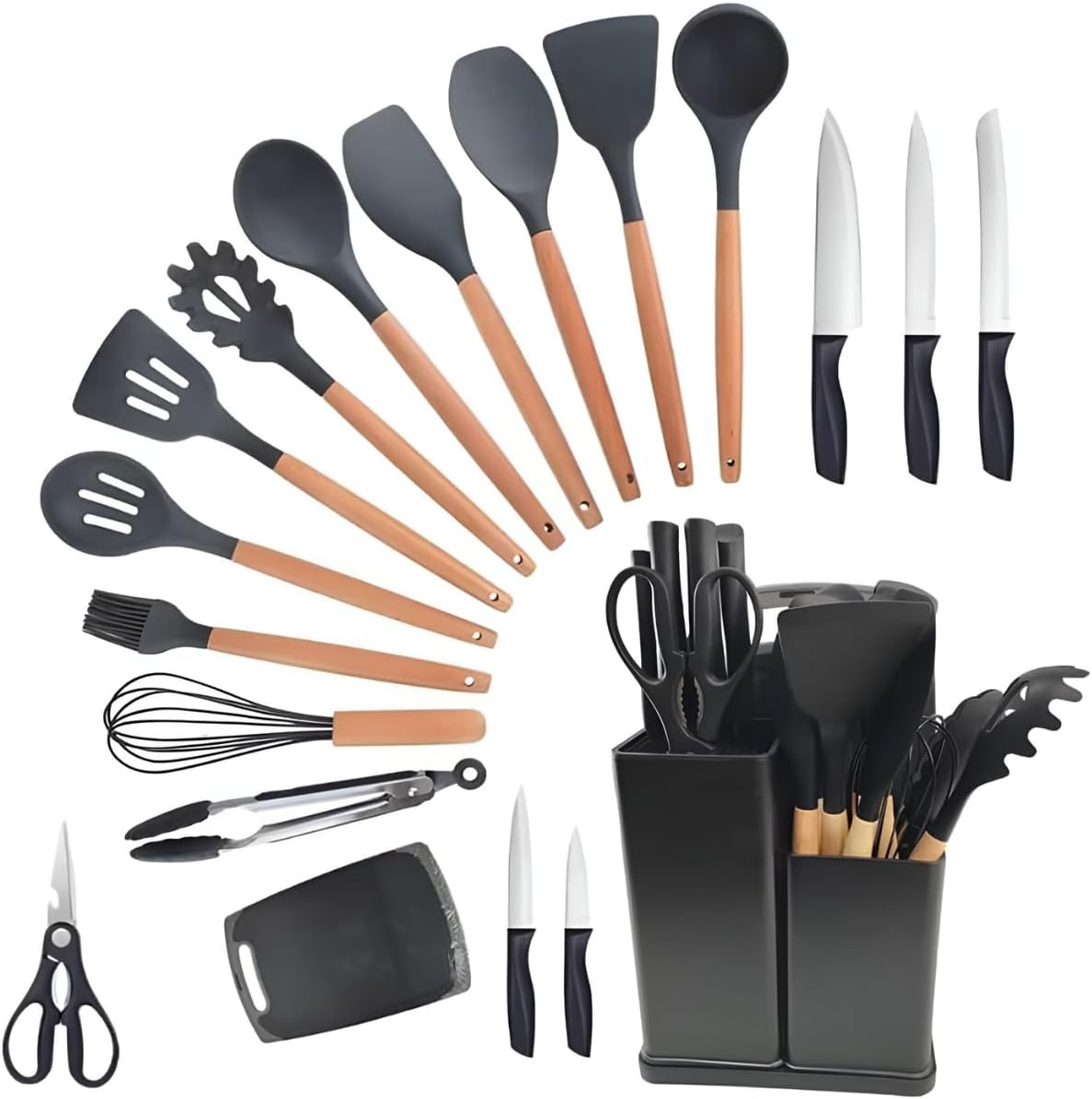Ao Clicar você será direcionado para o site da Amazon |Utensilios para Cozinha Silicone Kit com 19 Peças Cabo Madeira Conjunto Completo Espátula Concha Colher Jogo Suporte Faca Antiaderente Tabua Tesoura Faqueiro (PRETO) thumbnail