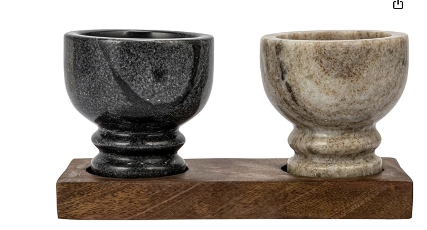 Wood Tray with 2 Marble little salt and pepper bowls thumbnail