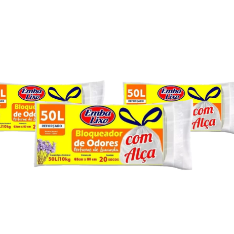 KIT DE 3 ROLOS (com 20 sacos cada): 50 LITROS COM ALÇA E BLOQUEADOR DE ODORES thumbnail