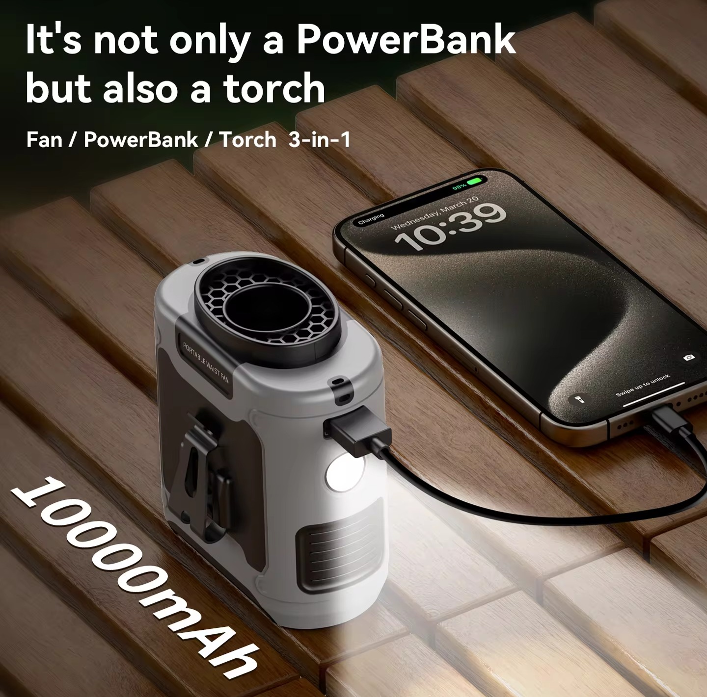 Outdoor Portable Waist Fan Hanging Neck Fan Strong Wind with Power Bank LED Lighting thumbnail