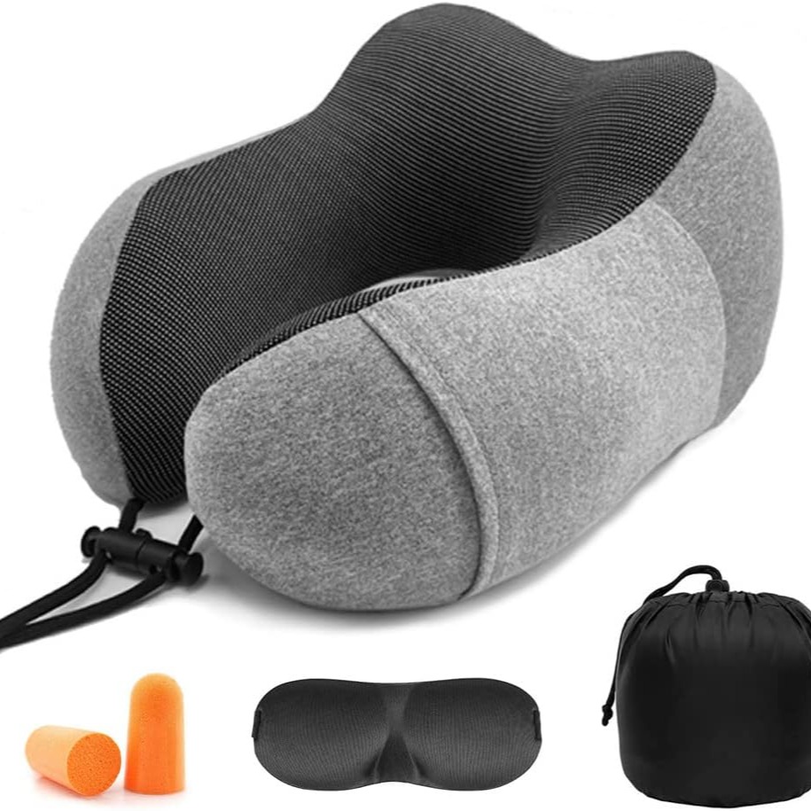 Almofada de viagem de espuma viscoelástica, ortopédico cervical para viagens de avião, comboio ou carro, com máscara para os olhos e protetores auriculares thumbnail