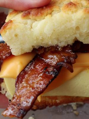 Butter Swim Biscuit Breakfast Sandwiches with Fluffy Egg Squares, Candied Bacon, & American Cheese  Would you rather hav
