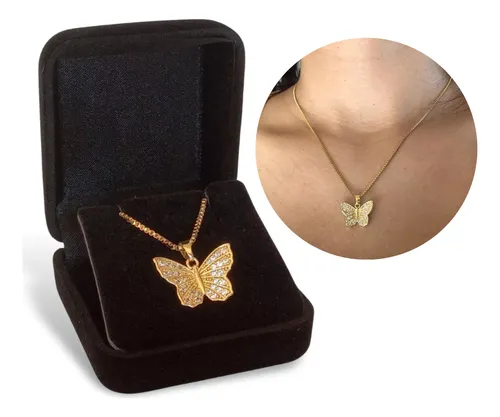 Colar Borboleta Zircônia Dourado Feminino C/ Caixa De Veludo thumbnail