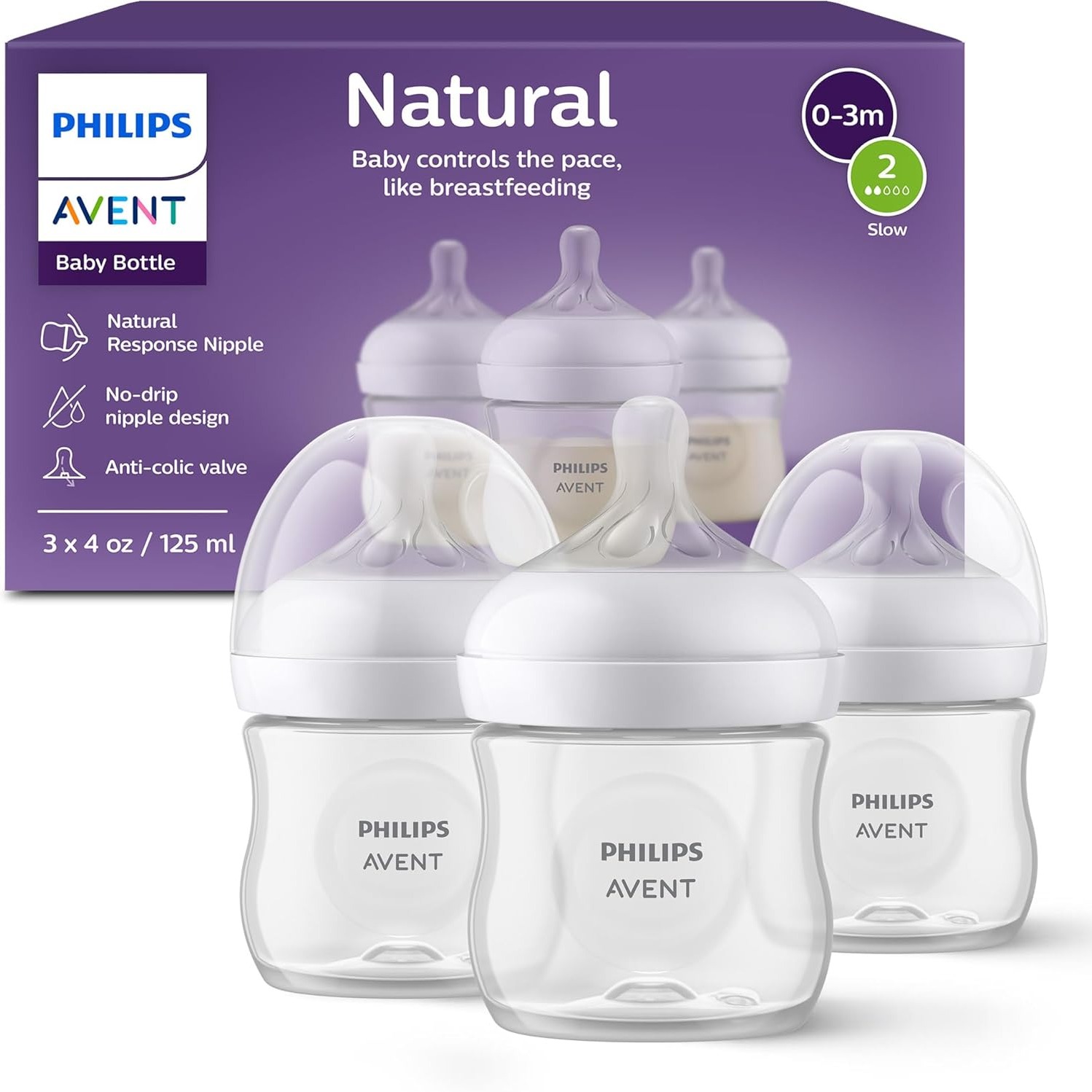 Philips Avent Natural Baby Bottle with Natural Response Nipple (Slow Flow, Flow 2), 4oz, 3-pack thumbnail