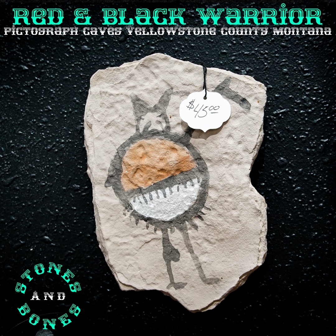 Red & Black Warrior Pictograph Caves Yellowstone County, Montana. 
This is a hand-crafted exact reproduction of prehisto