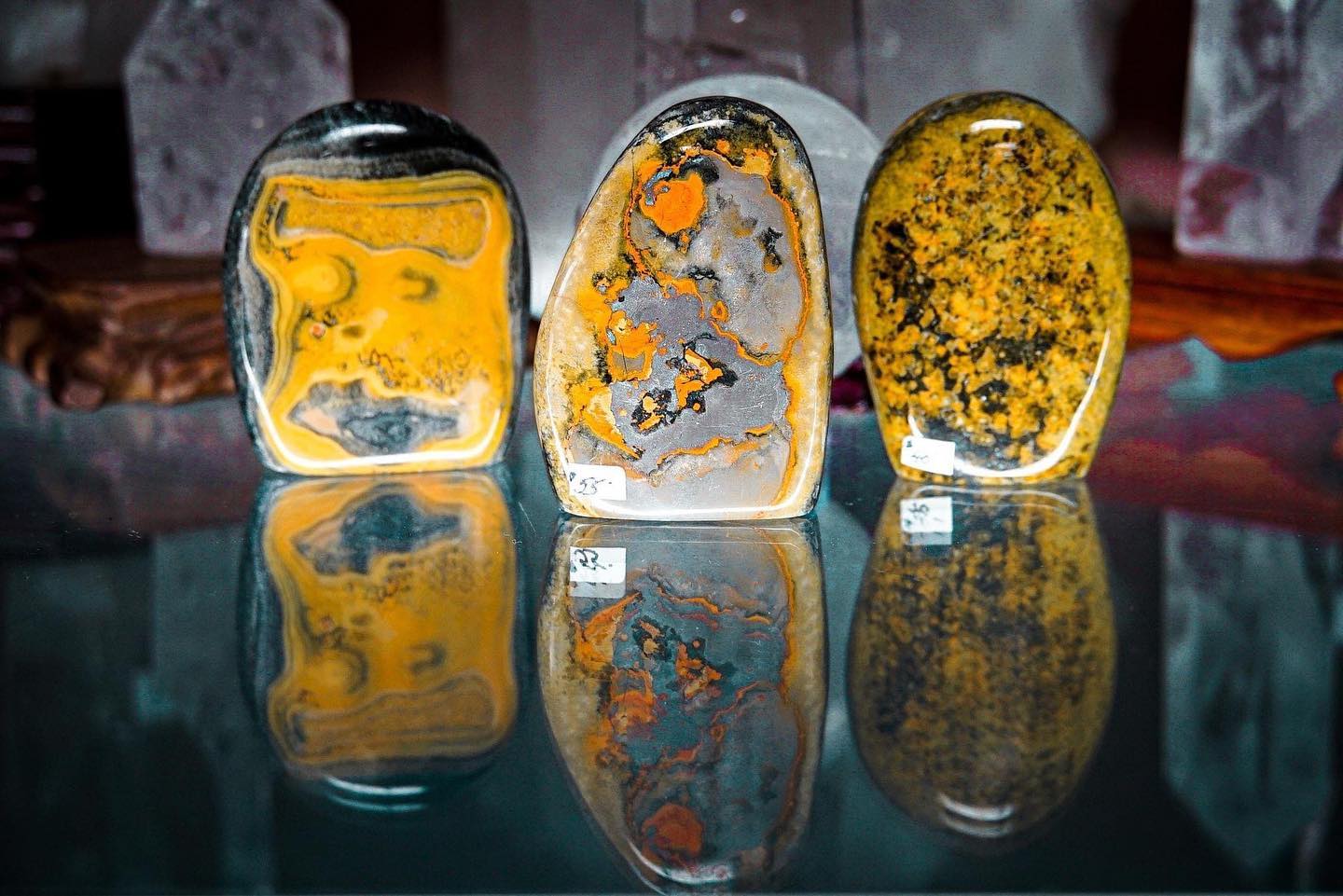 bumble bee jasper also known as eclipse jasper originates on the island of Bali near the hot vents of Mount Papandayan, 