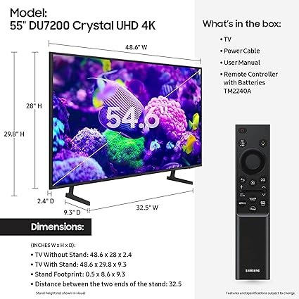 Amazon.com: SAMSUNG 55-Inch Class Crystal UHD 4K DU7200 Series HDR Smart TV w/Object Tracking Sound Lite, PurColor, Motion Xcelerator, Mega Contrast, Q-Symphony (UN55DU7200, 2024 Model) : Electronics thumbnail