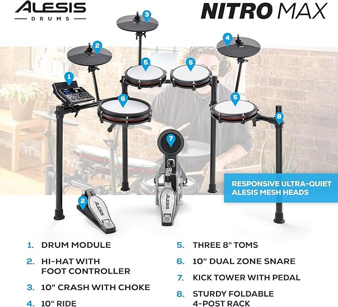 Amazon.com: Alesis Nitro Max Kit Electric Drum Set with Quiet Mesh Pads, 10" Dual Zone Snare, Bluetooth, 440+ Authentic Sounds, Drumeo, USB MIDI, Kick Pedal thumbnail