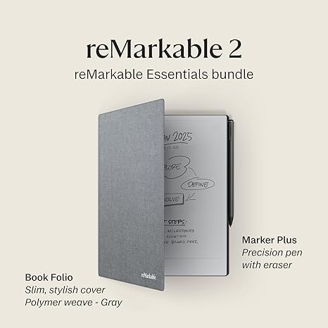 Amazon.com : Remarkable Essentials Bundle – Gray | Remarkable 2 Paper Tablet | Includes 10.3” Remarkable Tablet, Marker Plus Pen with Eraser, Book Folio Cover in Gray Weave, and 1-Year Free Connect Trial : Electronics thumbnail