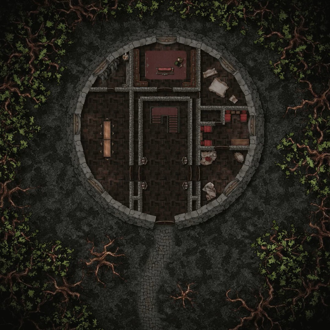 "Dread Tower"

Behold my first multi-level map! Tucked away in a dark forest, this tower has an inviting first floor, a 