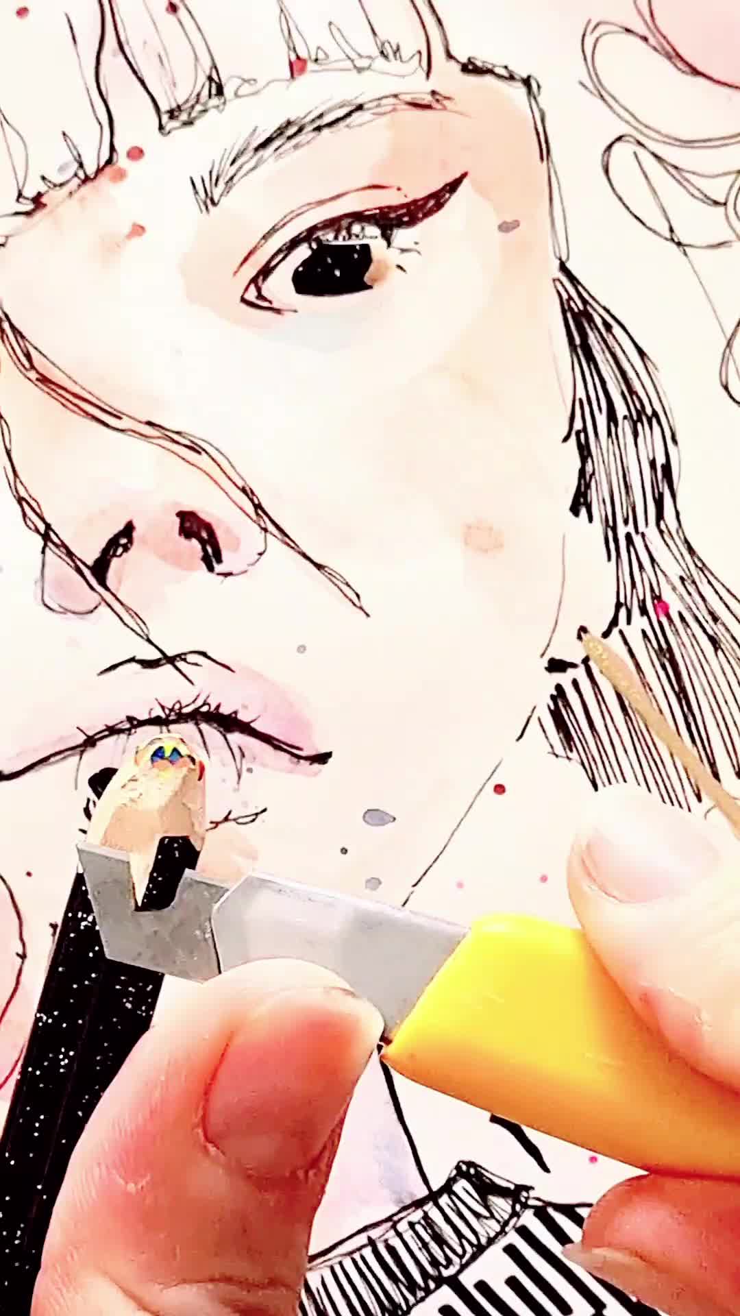 là où se mélange l'encrage le crayon de couleur et l'aquarelle c'est ce qui représente bien le dernier portrait que je v