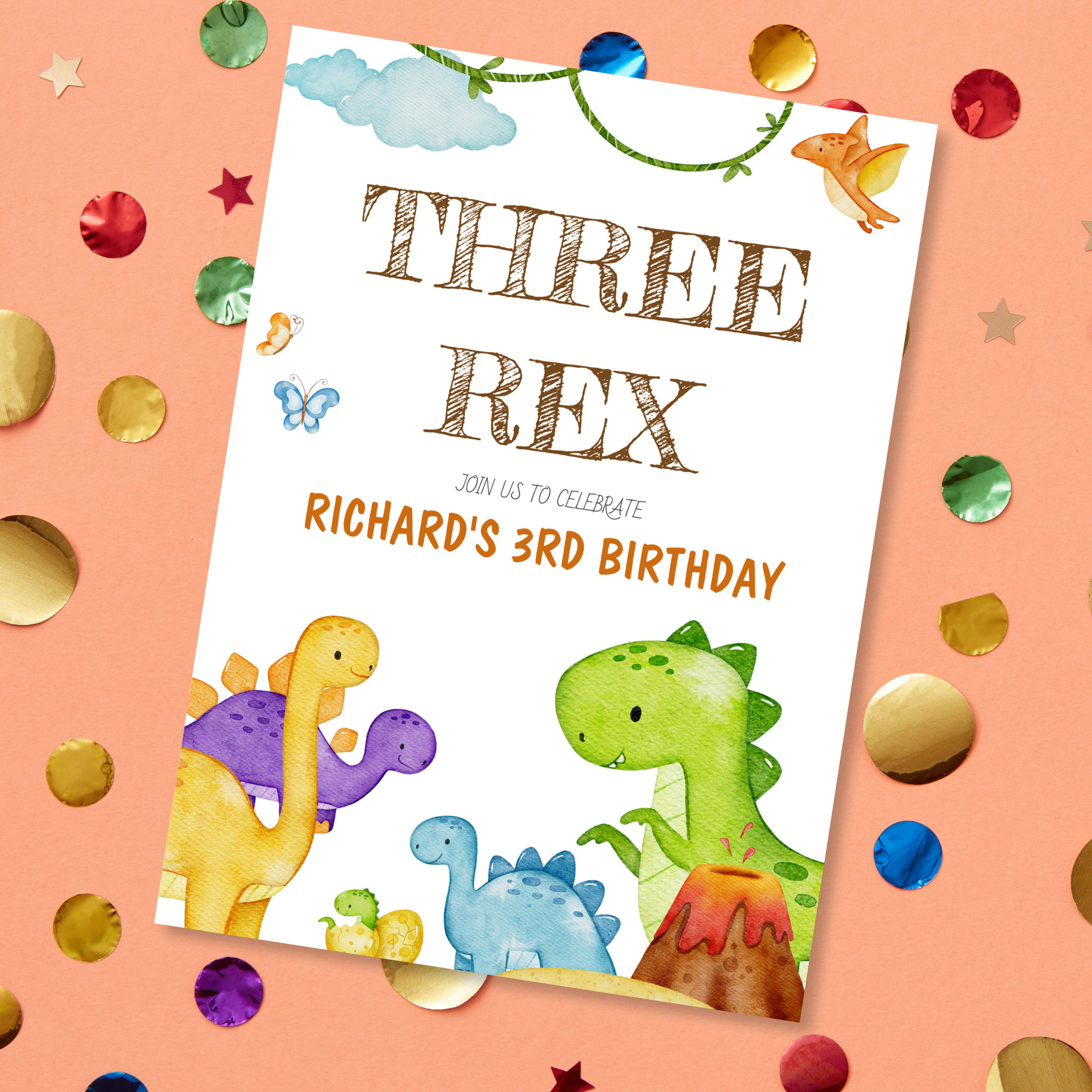 Three Rex Kids Dinosaur 3rd Birthday Party Invitation thumbnail
