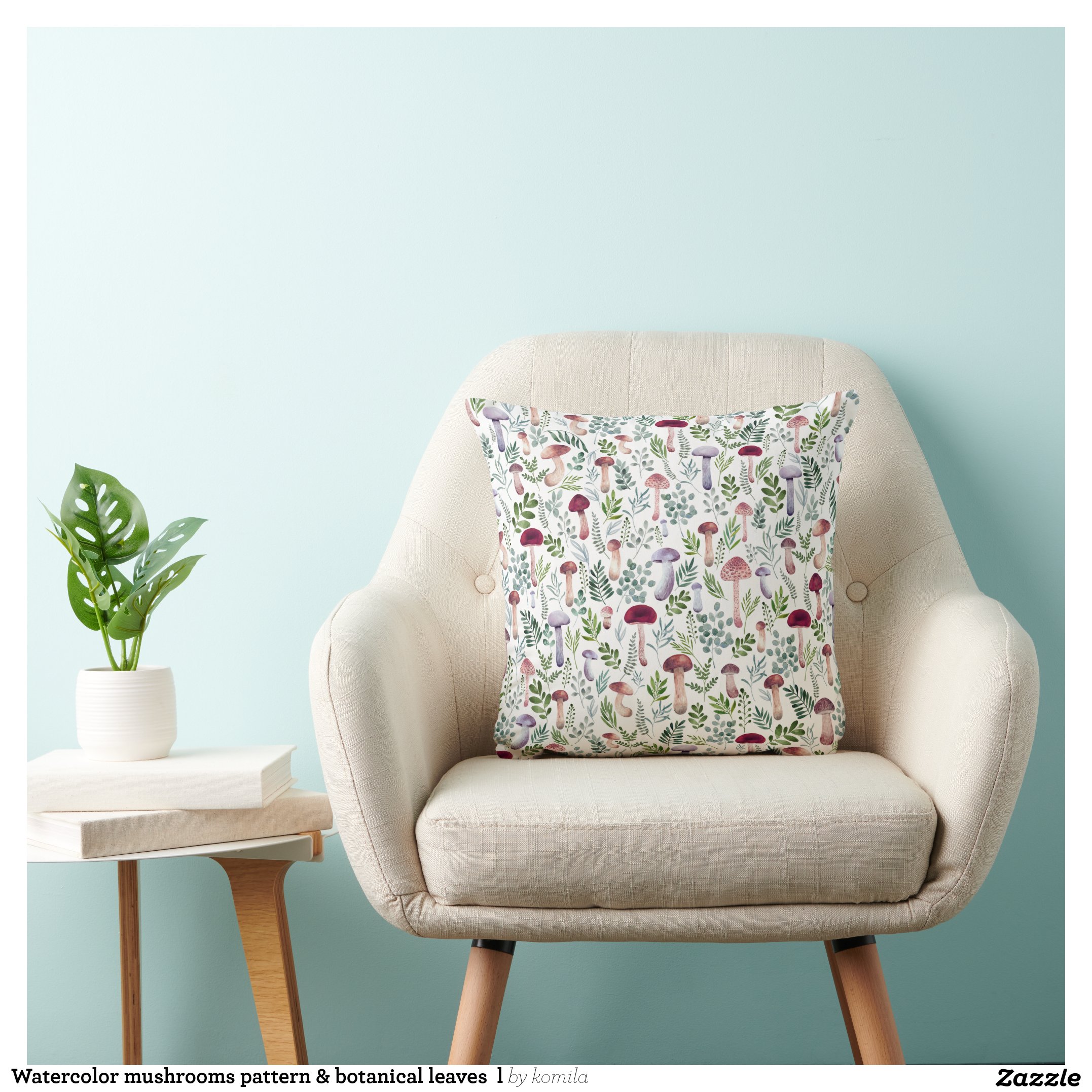 Watercolor mushrooms pattern & botanical leaves l throw pillow thumbnail