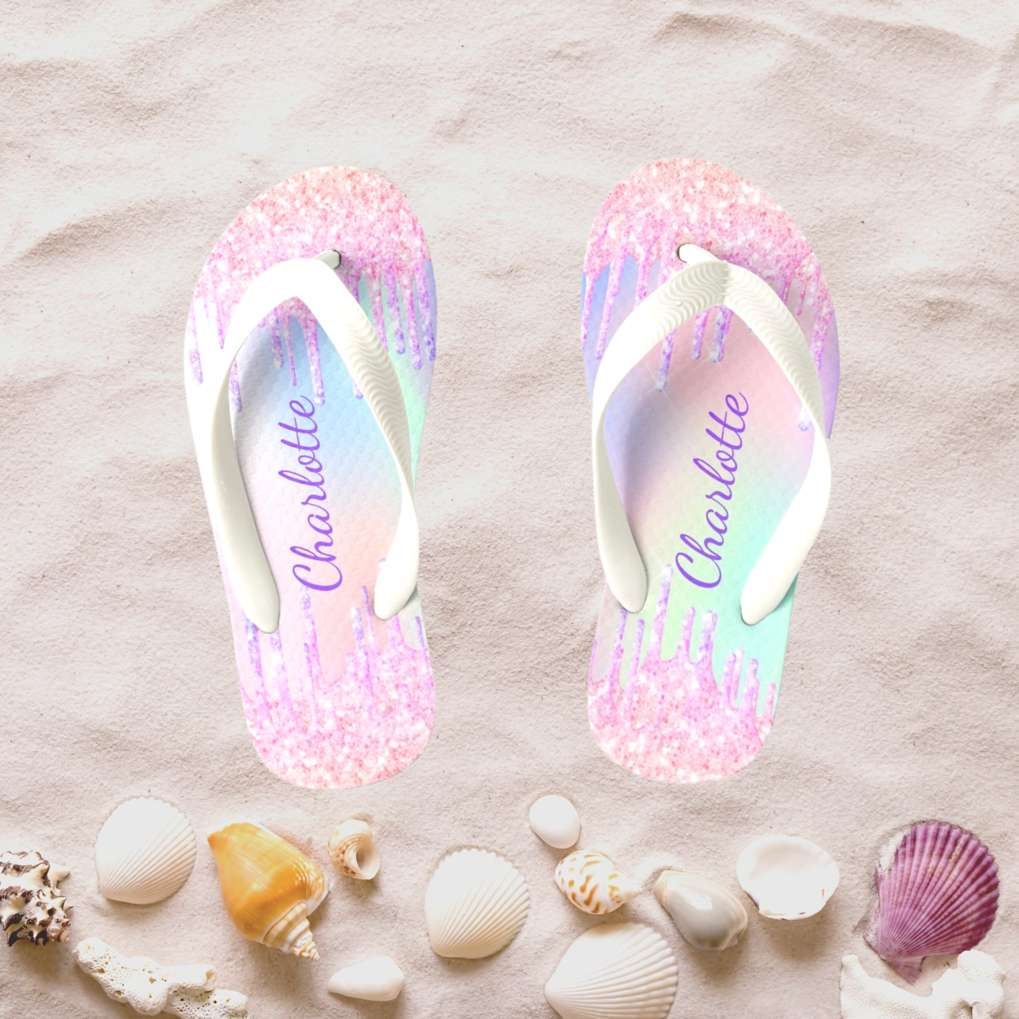 Unicorn glitter drips name girly holographic kid's flip flops thumbnail