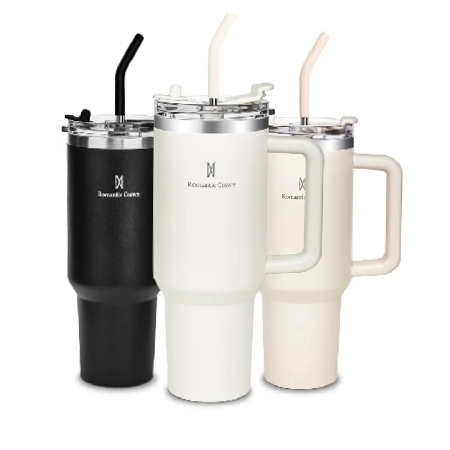 Romantic Crown Copo Térmico com Canudo Tampa e Alça 1,18L,vácuo dupla camada aço inoxidável, Caneca Termica Cafe Água thumbnail