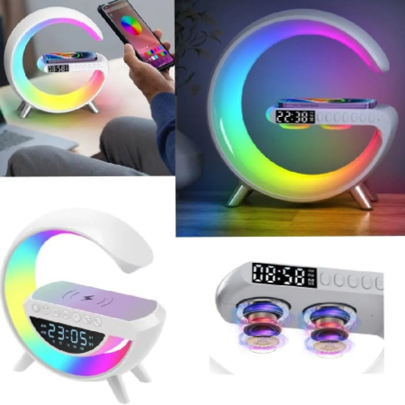 Luminária G RGB Colorida com Relógio Caixa de Som Bluetooth e Carregamento por Indução thumbnail