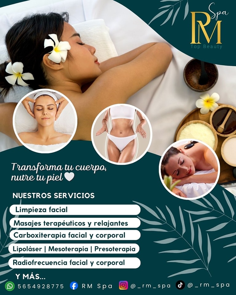 ¡No olvides cuidar de tu piel y cuerpo con nuestros exclusivos tratamientos faciales y corporales! 🤗 

En RM Spa Top Bea