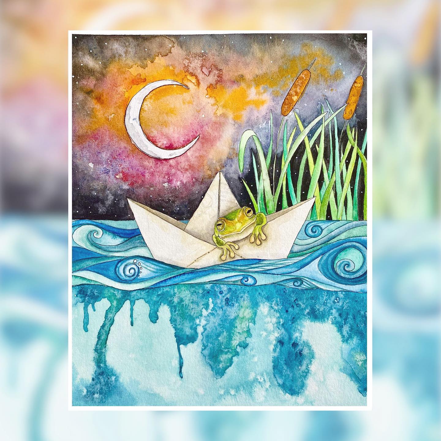 Frog Odyssey 🐸🌜⛵️

This painting was inspired by the little toads and spring peepers that would line the edges of our po