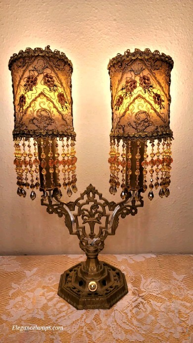 This lamp was a fun project because I love making tiny Victorian lampshades. This set is called Gemini. " The antique te
