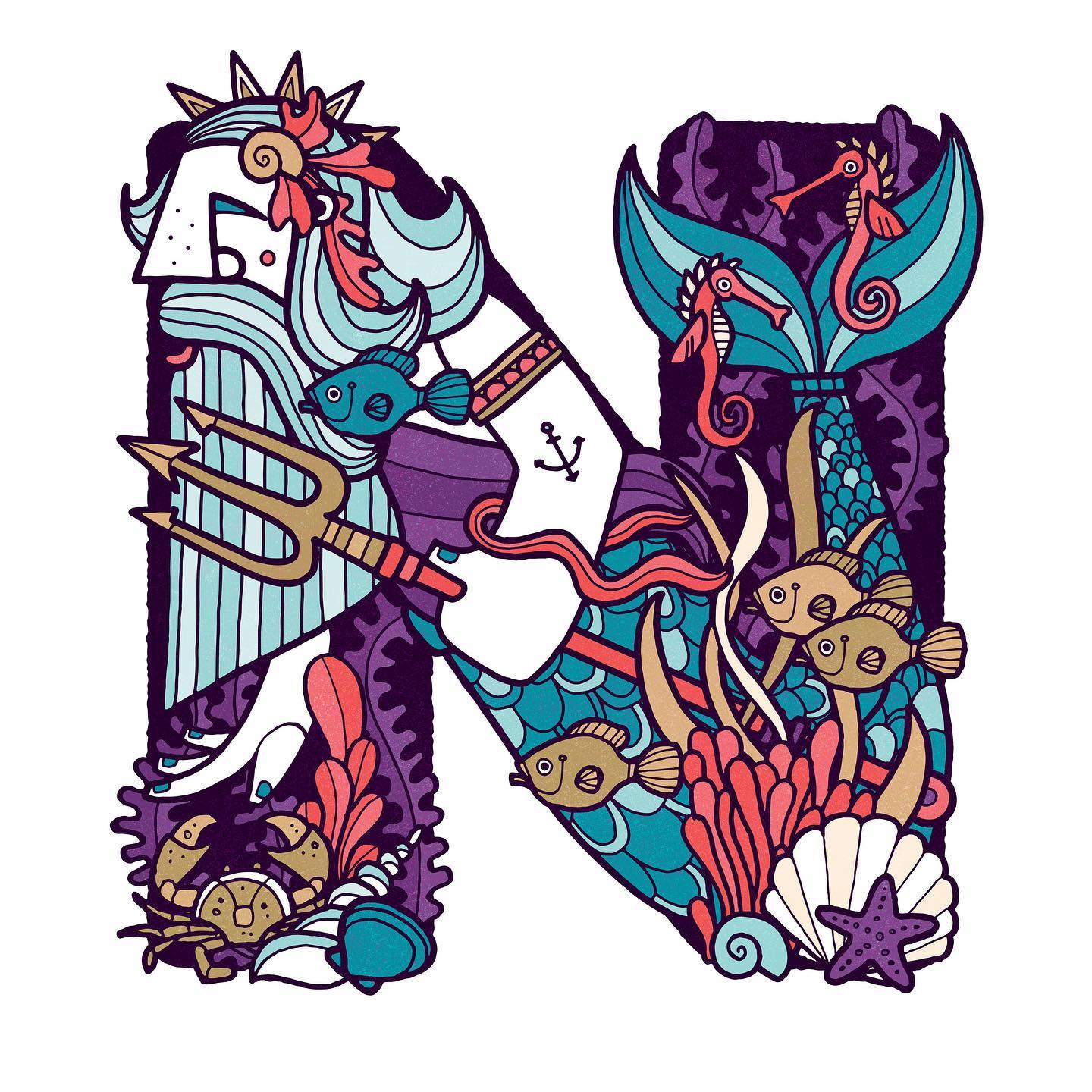 N is for Neptune - Roman god of waters and seas. 🧜🏼‍♂️🌊Also in charge of winds, storms ( and horses - lots of horses! ) 