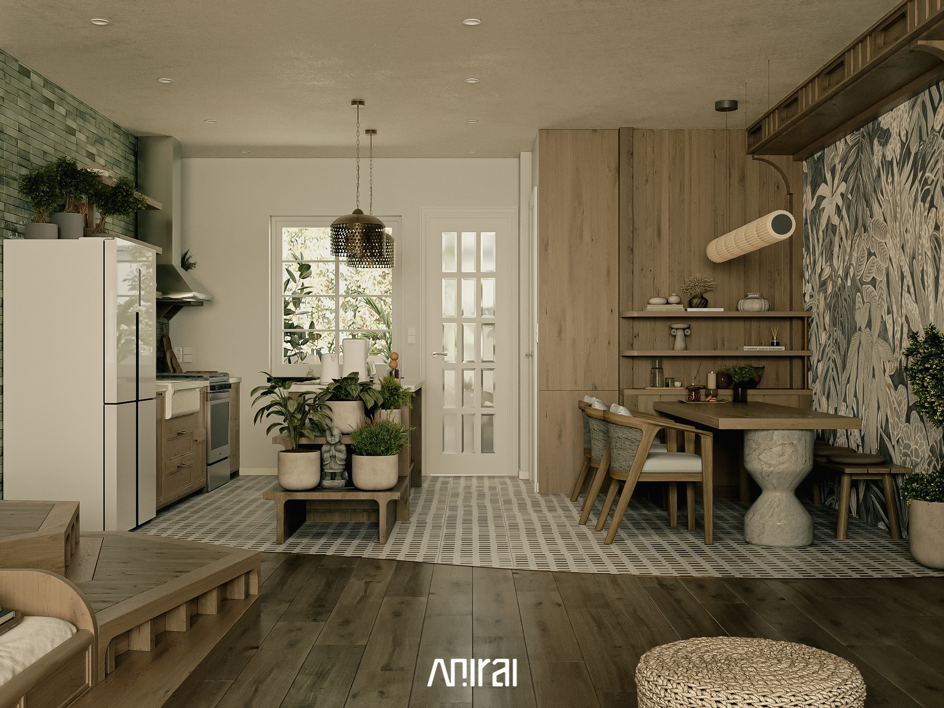 KITCHEN

The kitchen space has a cool tone, with the main color being green and blue wood, combined with the glossiness 