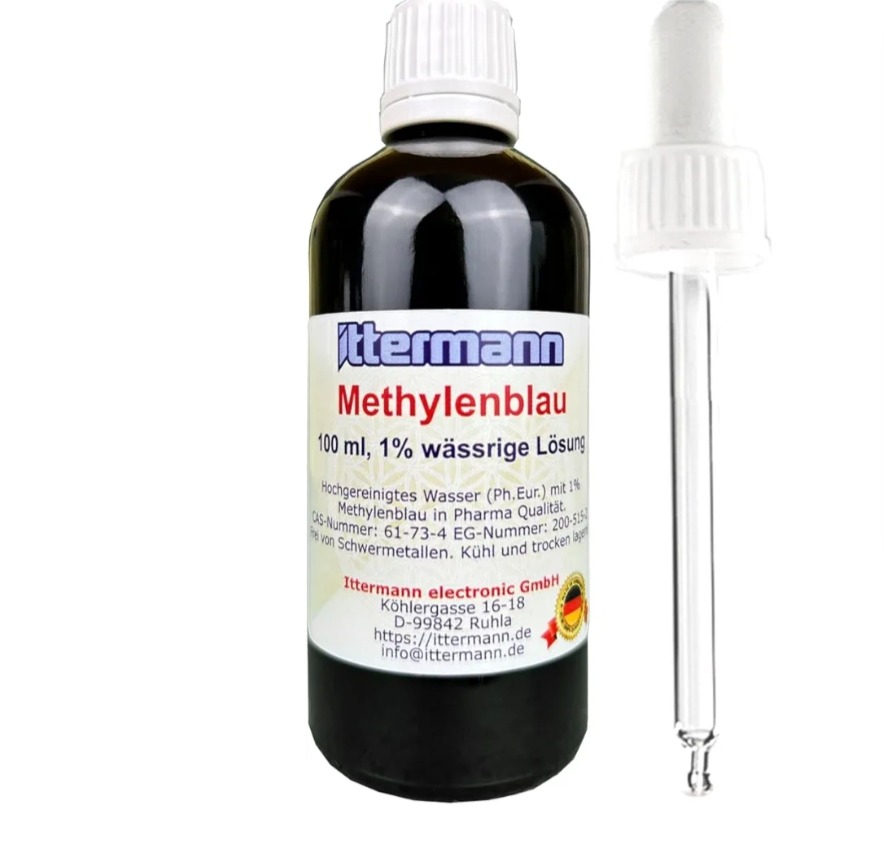 Ittermann Methylenblau, 1%, 100 ml-Fertiglösung aus hochgereinigtem Wasser (Ph.Eur.) und 1% Methylenblau (reinst USP Pharmaqualität) - Braunglasflasche - zusätzlich Glas-Pipette - Made in Germany : Amazon.de: Gewerbe, Industrie & Wissenschaft thumbnail