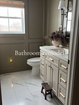Bathroom before & after! It looks like a completely different bathroom & I’m OBSESSED *Everything is linked in my bio
