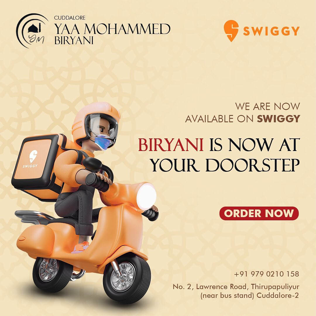 We are now available on @swiggyindia Order now!

🎨Designed By @adnan.dsgn

#biryani #food #cuddalore