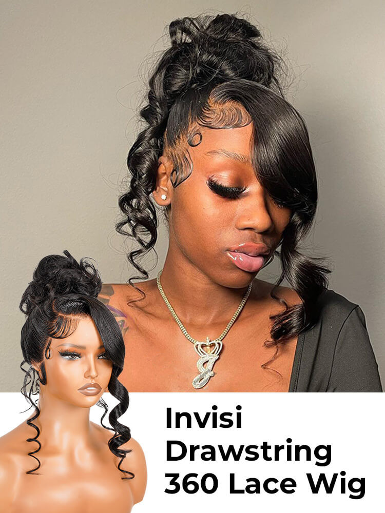 Glueless Invisi Drawstring 360 Lace Wig Miss Buns With Side Part Bangs Style thumbnail
