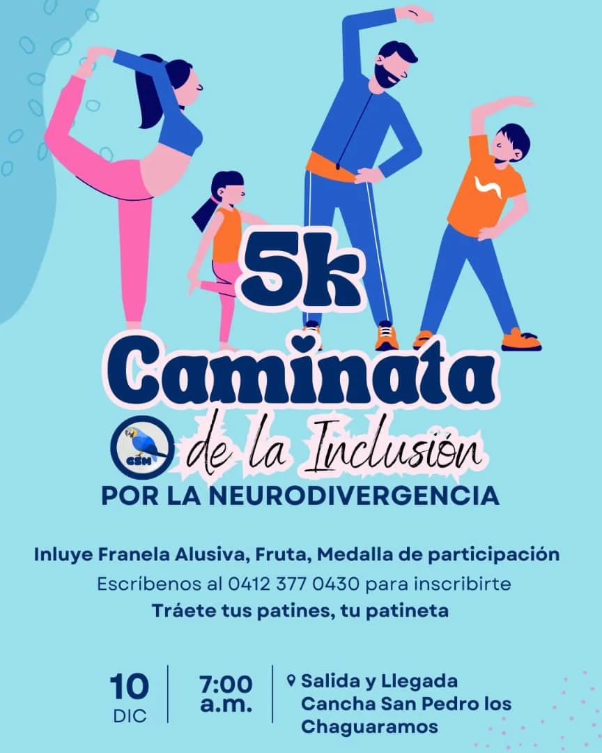 Inscríbete en la Caminata Familiar de la Inclusión por la Neurodiversidad 5K
Domingo 10 de Diciembre

⏰Salida 7 AM Canch