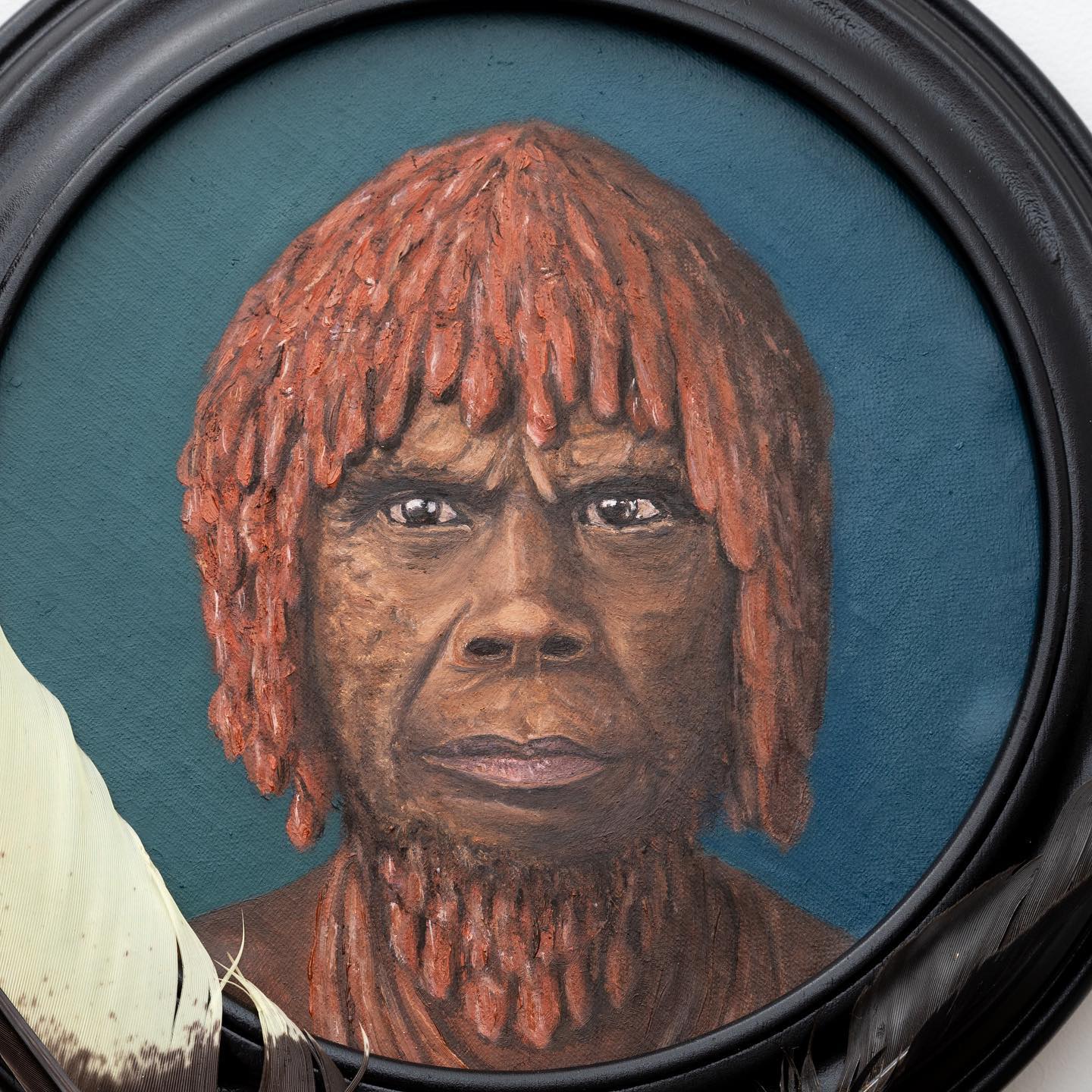 “Mannalargenna Portrait” by Jacqui Thomson
Oil on Belgium linen (red ochre in hair)
20cm diameter

Poetry by Andrew Mans