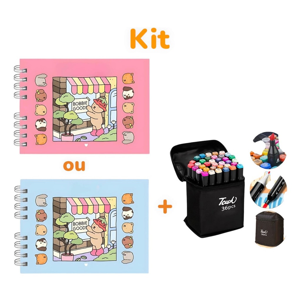 100 Kit Livro De Colorir  Capa Dura 50 Páginas + Canetinhas Ponta Dupla Marca Texto 24/36/48/60/80/120 thumbnail