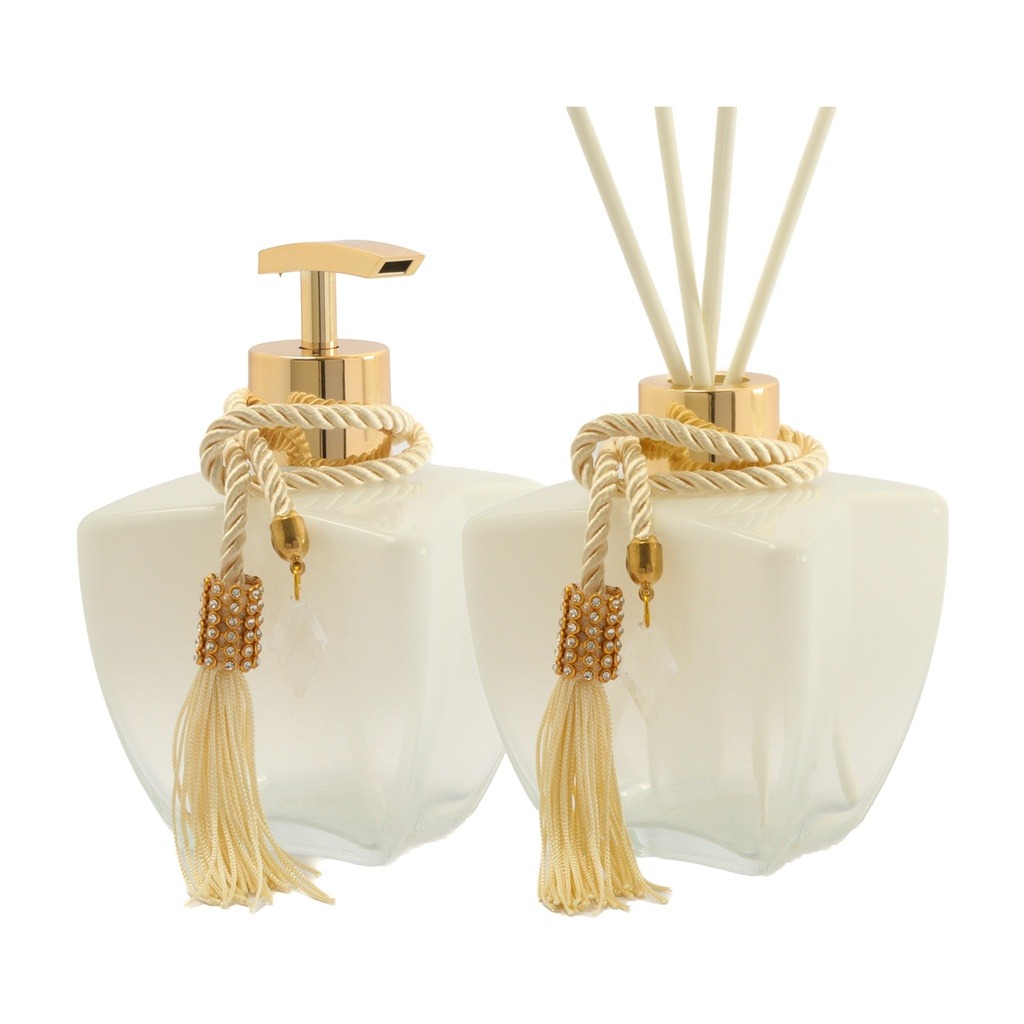 104 Kit Vidros Banheiro Luxo Degrade Branco Porta Sabonete E Difusor thumbnail