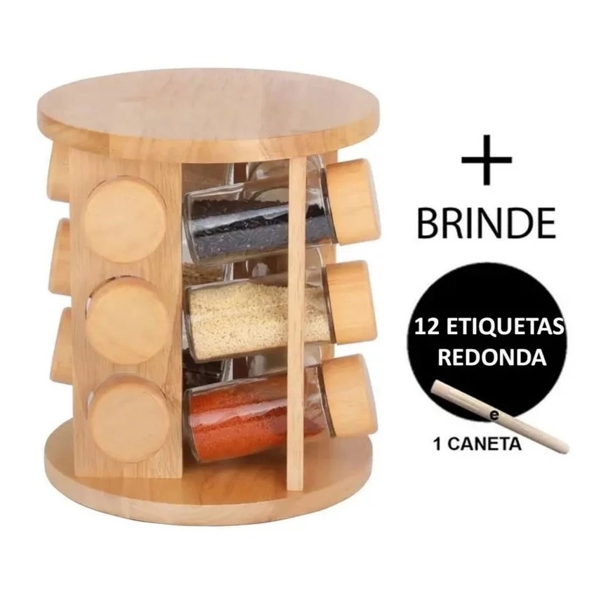 085 Porta Tempero 12 Potes Giratório Condimentos Redondo Em Bambu + Etiquetas e Caneta thumbnail