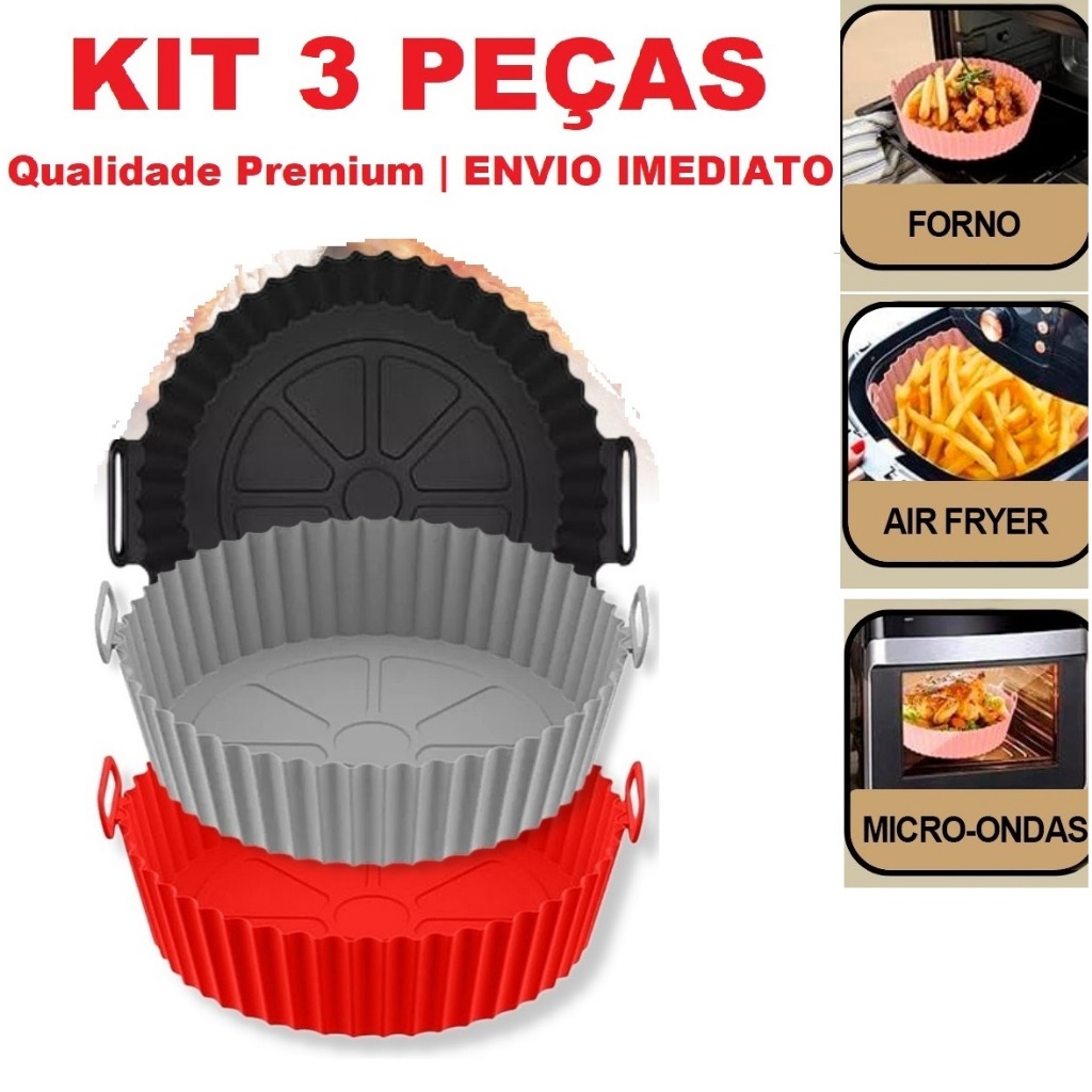 064 Kit 3 Assadeiras de Silicone Reutilizavel Protetor Forma Forro Air Fryer Microondas Qualidade thumbnail