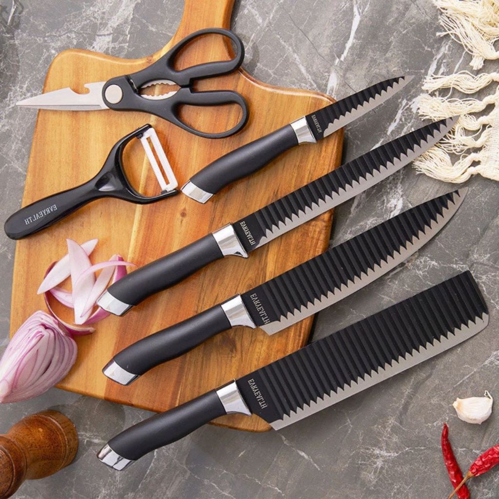 102 Kit 6 Peças Conjunto de Faca Churrasco Carne Legumes Descascador Tesoura Profissional thumbnail